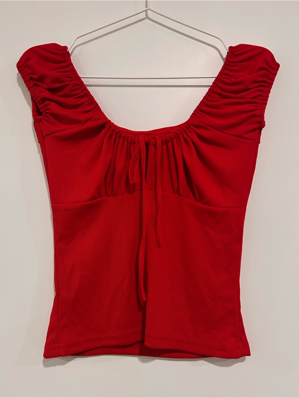 Red Ruched Square-Neck Top Bow Tie Neck